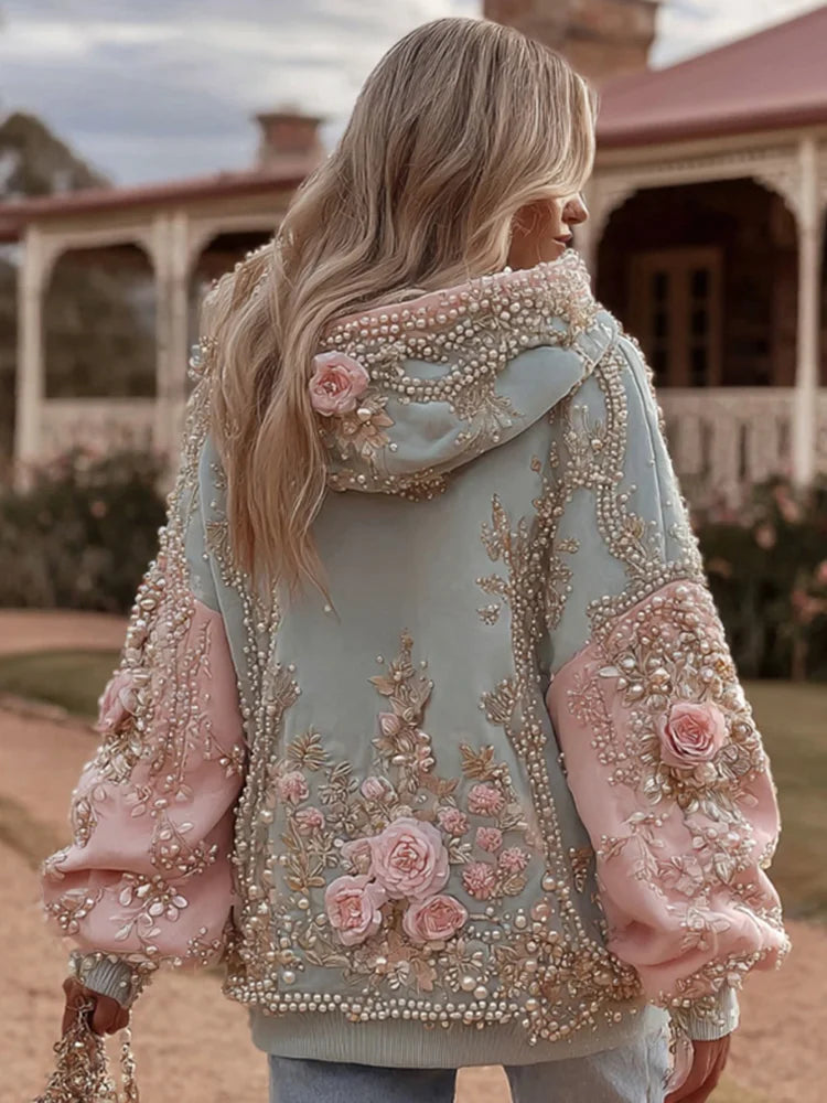 Women's Vintage Pink Floral Embroidered Artwork Contrast Stitch Long-Sleeve Hoodie