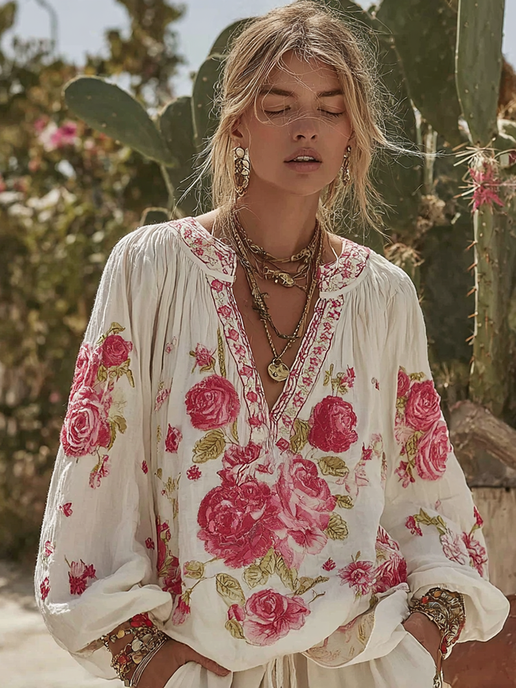 Women's Vintage Rose Floral Linen Long Sleeve T-shirt