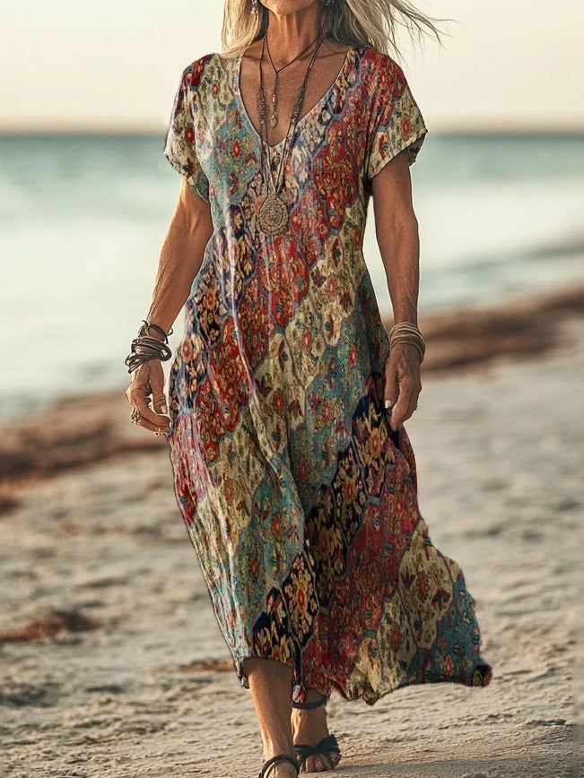 Women's Bohemian Ethnic Totem Art Print Sleeveless Cotton Pocket Dress