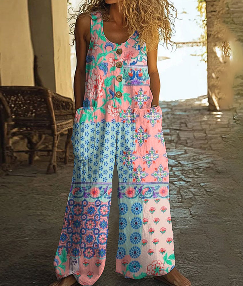Vintage Floral Art Print Casual Wide Leg Jumpsuit