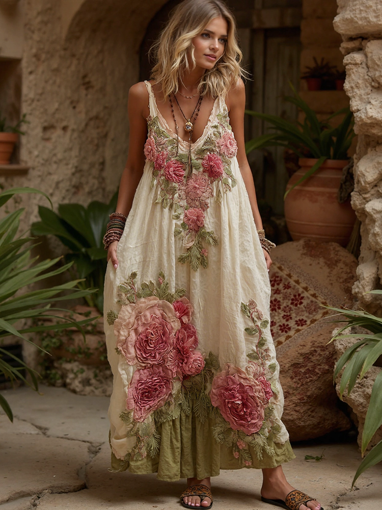 Women Vintage Floral Embroidery Art V Neck Linen Maxi Dress