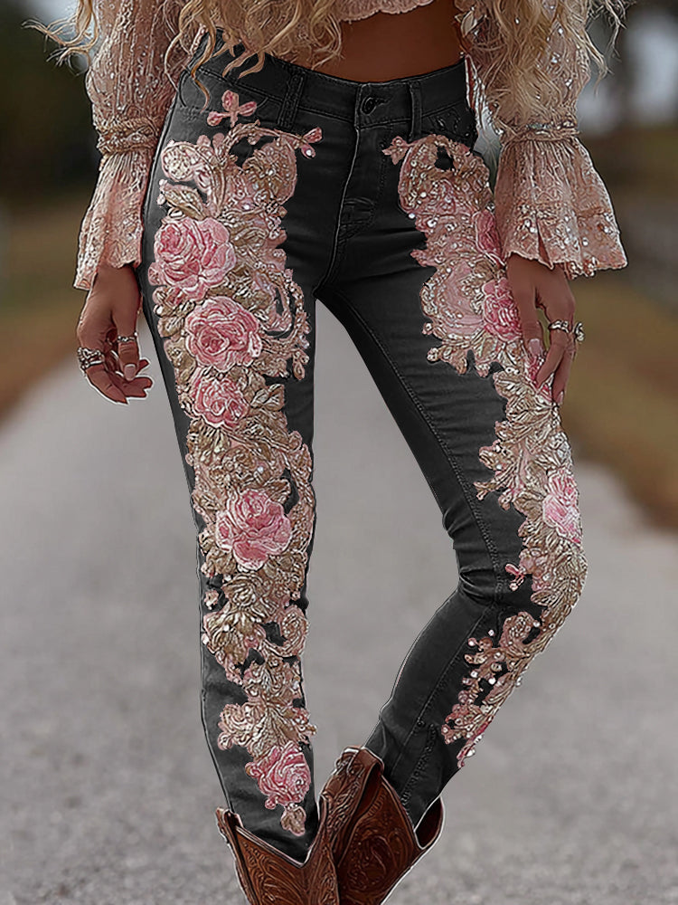 Women's Vintage Rose Floral Embroidery Art Loose Jeans