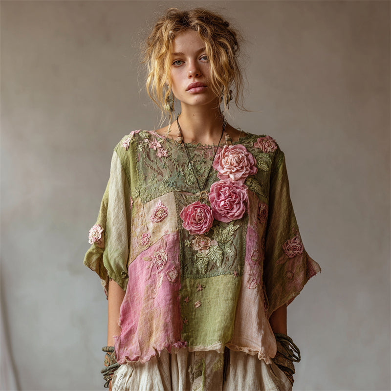Vintage Pink Roses Cottagecore Patchwork Linen Tunic