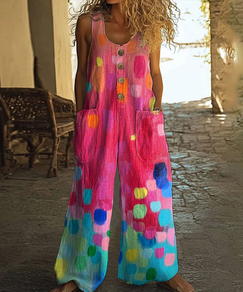 Retro Color Block Art Print Casual Wide Leg Jumpsuit