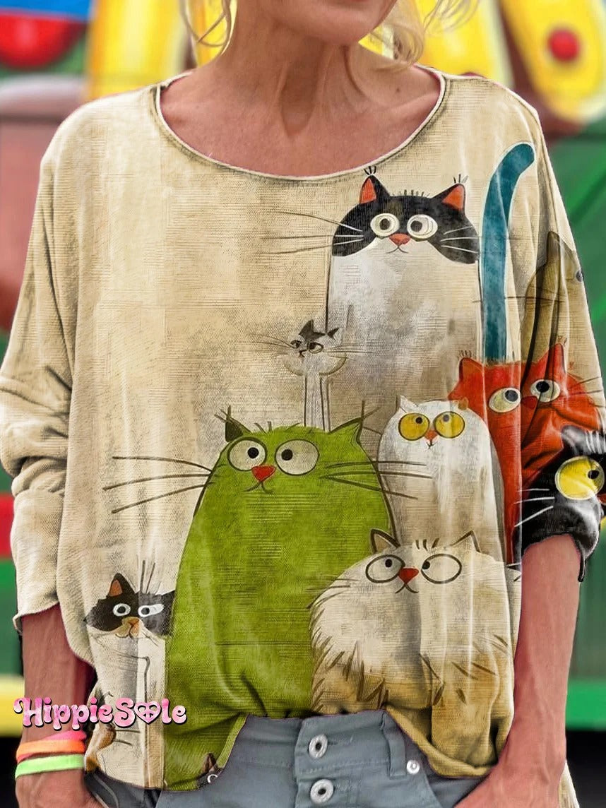 Women's Cute Cat Art Print Casual Crew Neck Sweatshirt