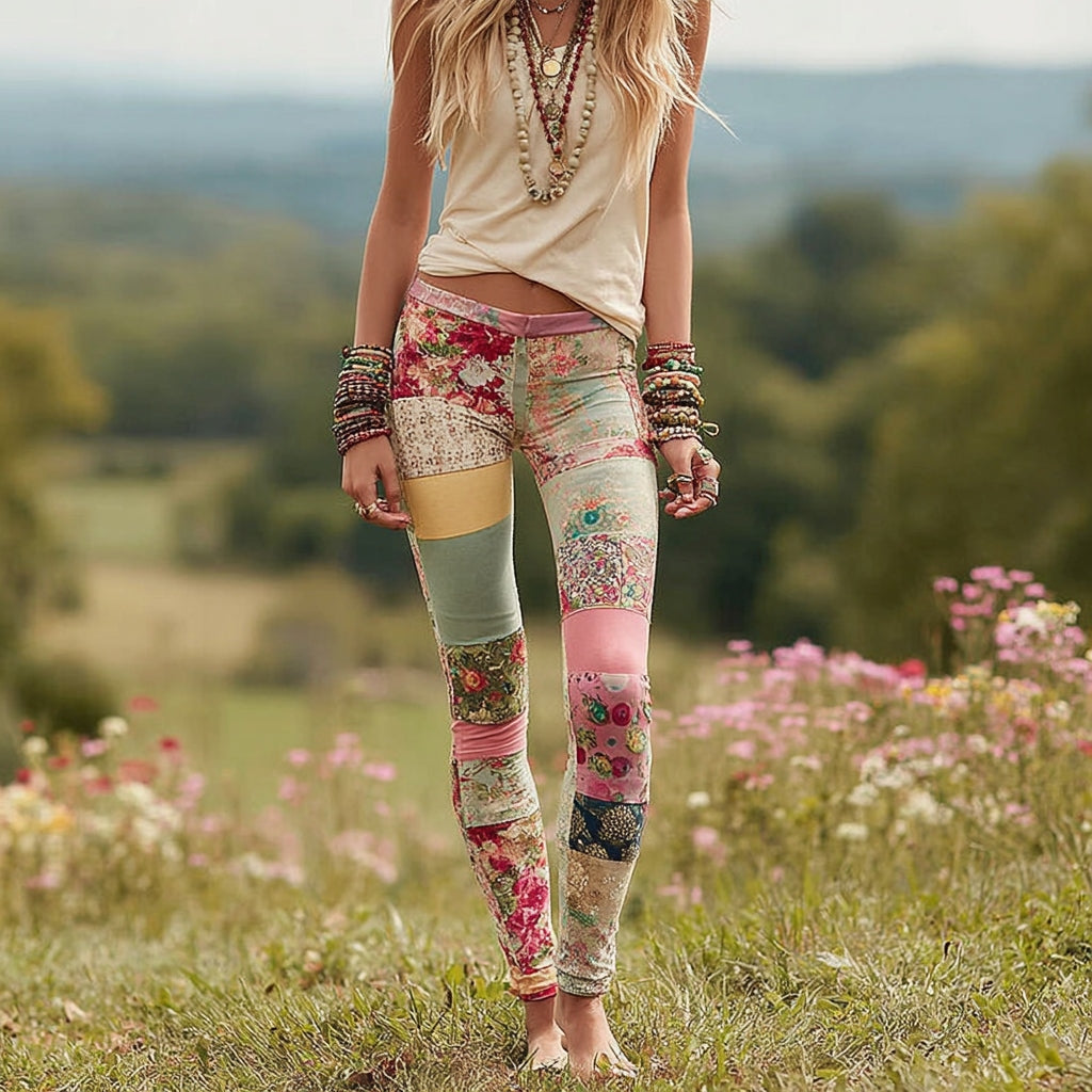 Floral Patchwork Print Casual Leggings