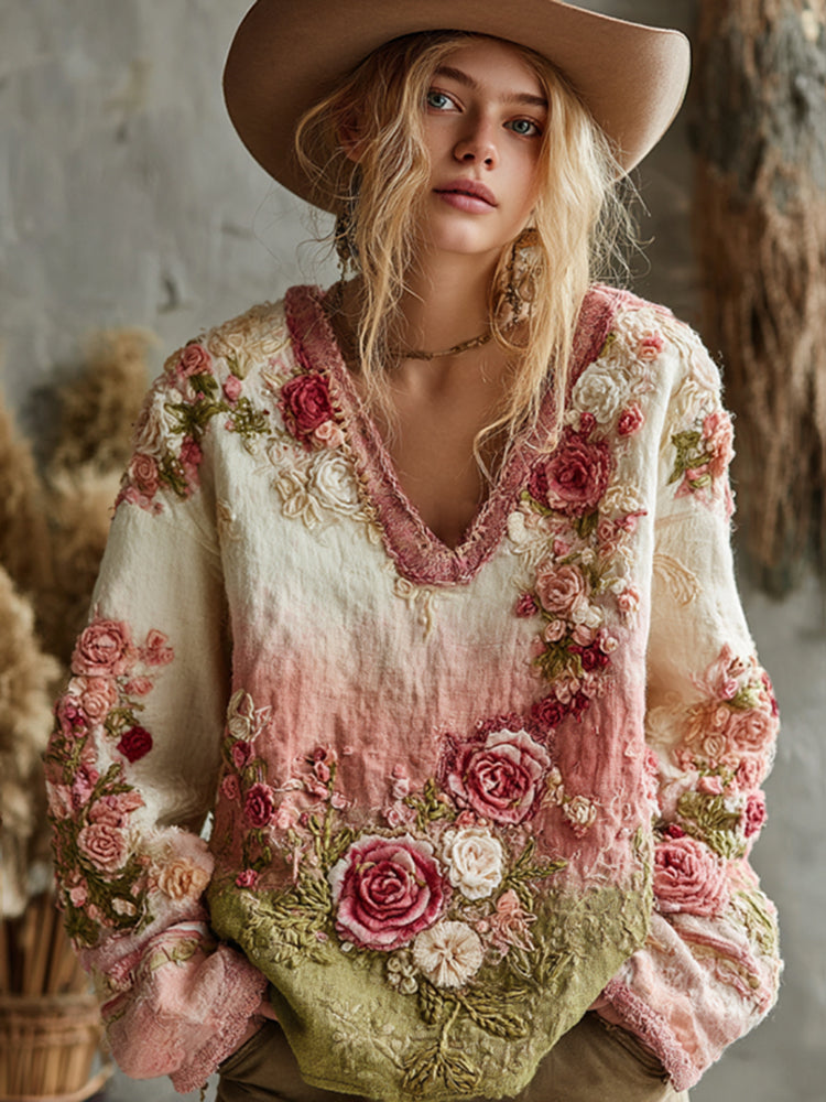 Love & Health Collection Retro Western Women Style Vintage Rose And Floral Patchwork Art V Neck Linen Shirt