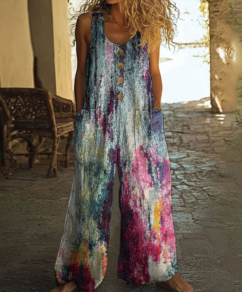 Retro Abstract Art Print Casual Wide Leg Jumpsuit