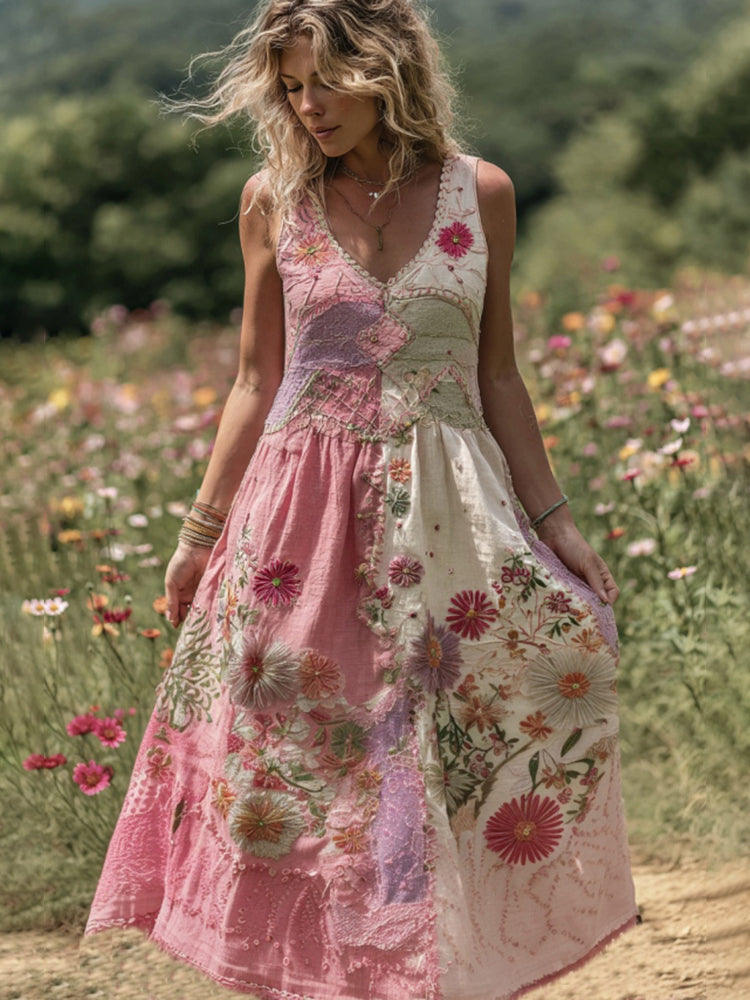 Women's Embroidered Rose Patchwork Maxi Dress
