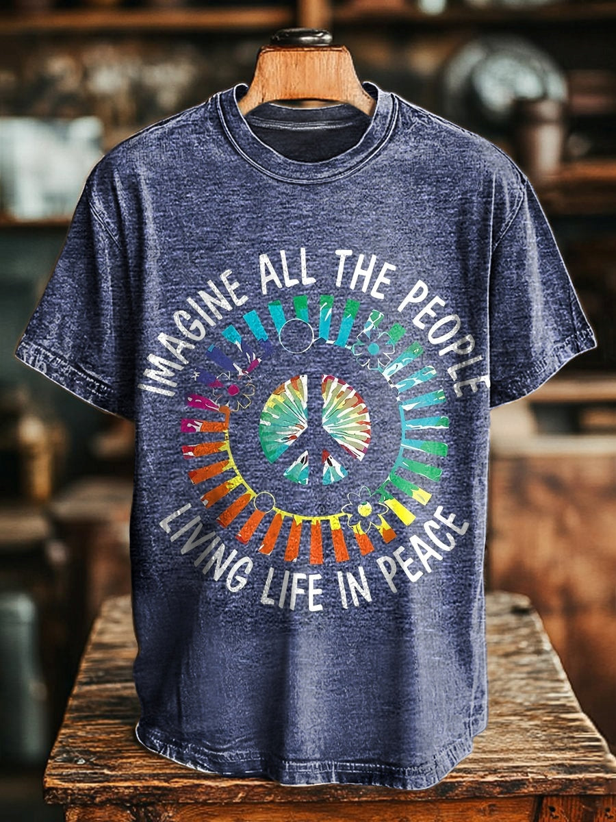 Unisex Hippie Imagine All The People Living Life in Peace Print Casual Loose Short Sleeve T-Shirt