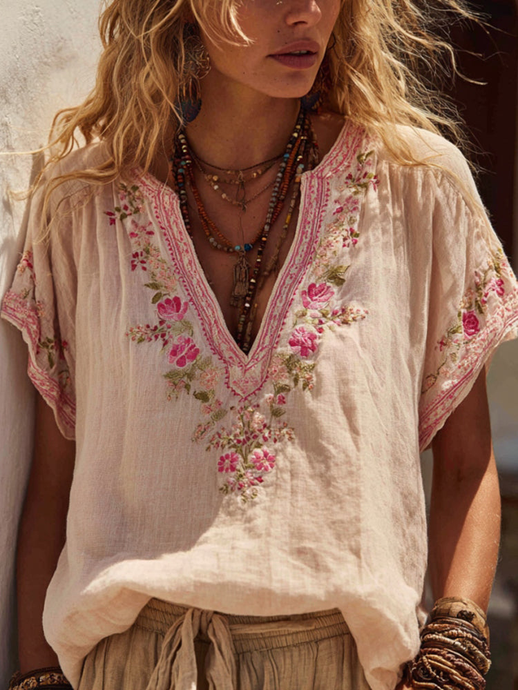 Women's Floral Embroidery Art V Neck Linen Blend Shirt
