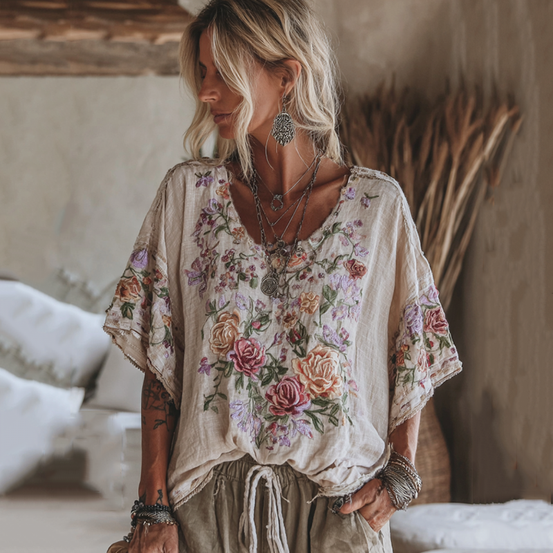 Vintage Floral Embroidered Linen Short Sleeve Shirt