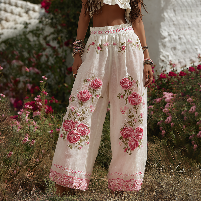 Women's Patchwork Rose Floral Contrast Waist Elastic Pocket Pants