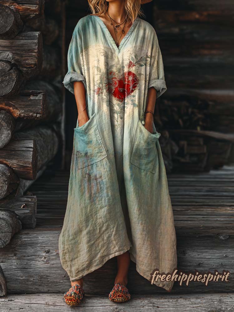 Women's Vintage Heart Pattern Artistic Print Pocket V-Neck Cotton Dress