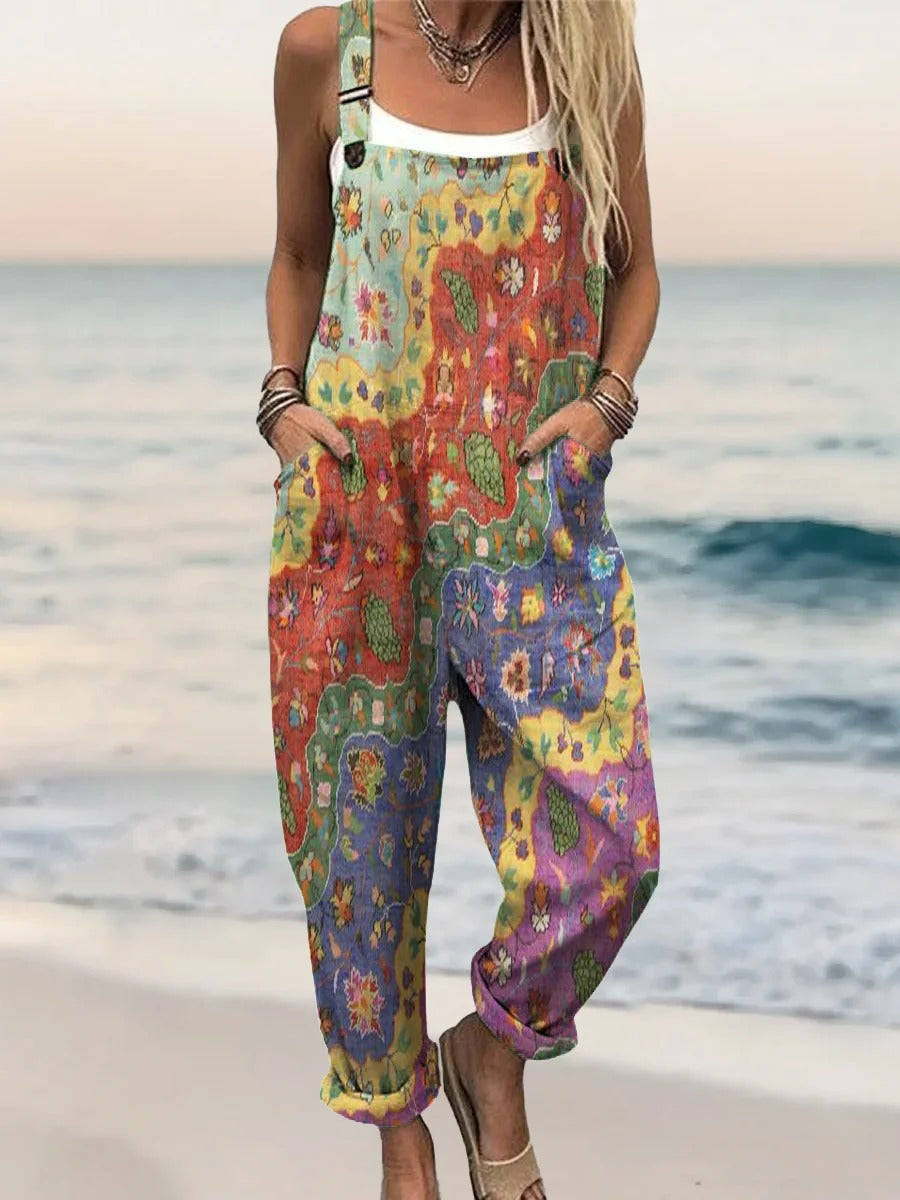 Women's Boho Floral Wave Collage Art Printed Cotton And Linen Casual Pants