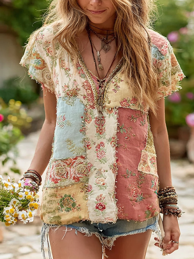 Women's Floral Patchwork Art Short-sleeved T-shirt