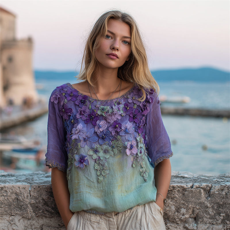 Classy Purple Floral Embroidered Gradient Flowy Linen Shirt