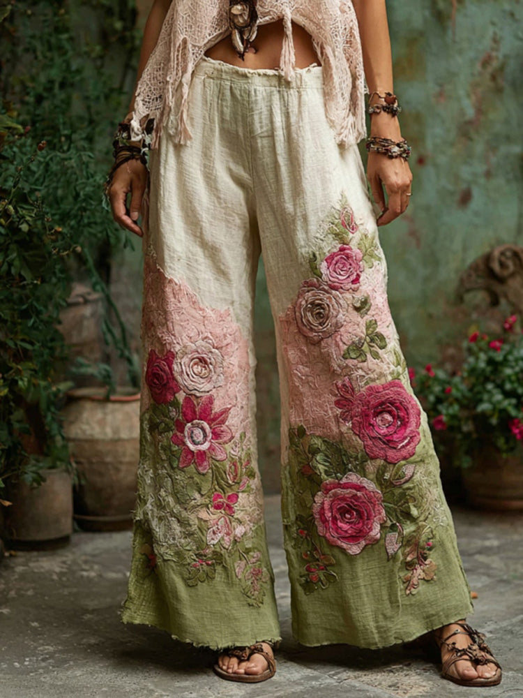Floral Embroidered Art Print Linen Blend Pants