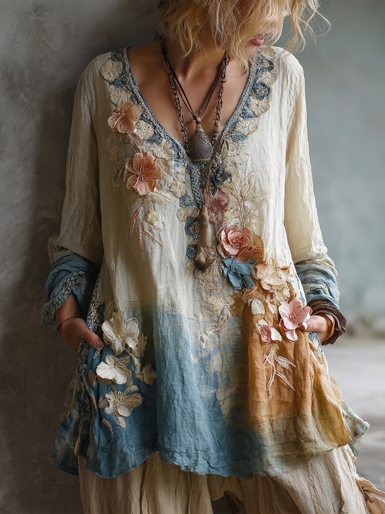 Women's Vintage Floral Embroidery Gradient Linen V-neck Shirt
