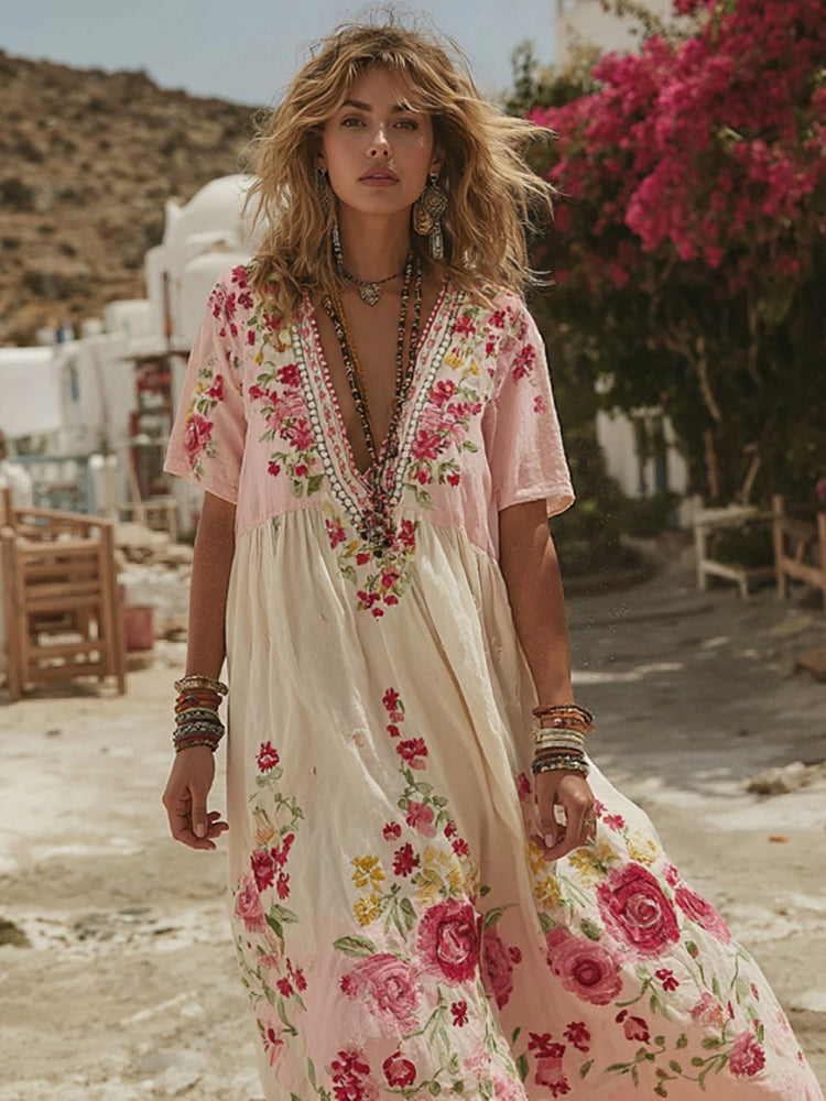 Women's Pink Rose Embroidery V-neck Loose Linen Blend Midi Dress