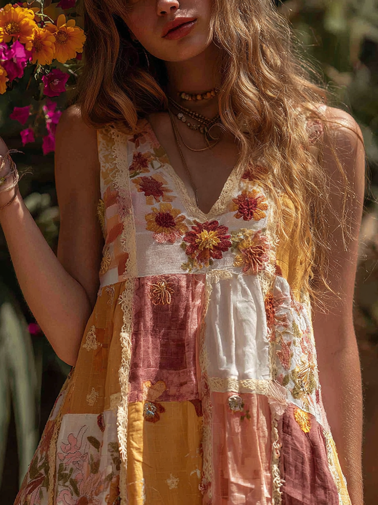 Women's Vintage Floral Color Block Linen Sleeveless Tank Top