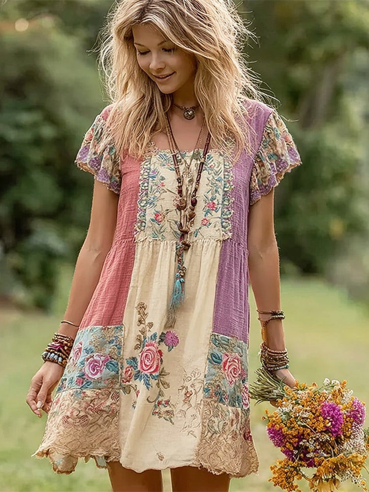 Boho Floral Patchwork Art Women's Linen Short Sleeve Mini Dress
