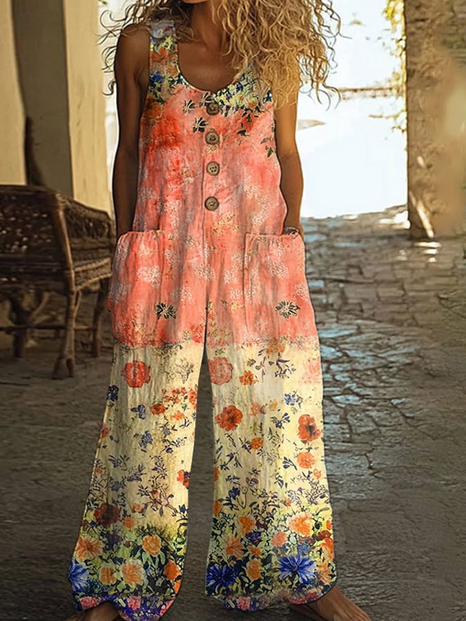Chic Vintage Loose Floral Jumpsuit