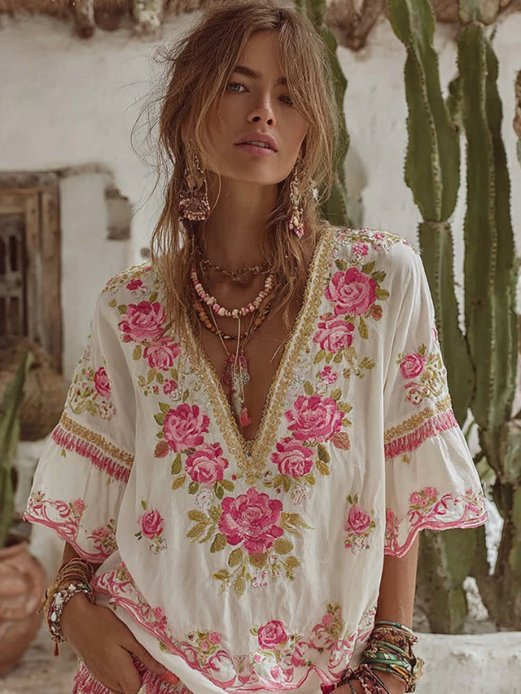 Women's Vintage Floral Embroidery Art V Neck Linen Comfy T-shirt