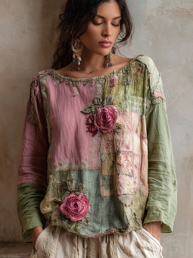 Vintage Pink Roses Embroidered Patchwork Linen Shirt