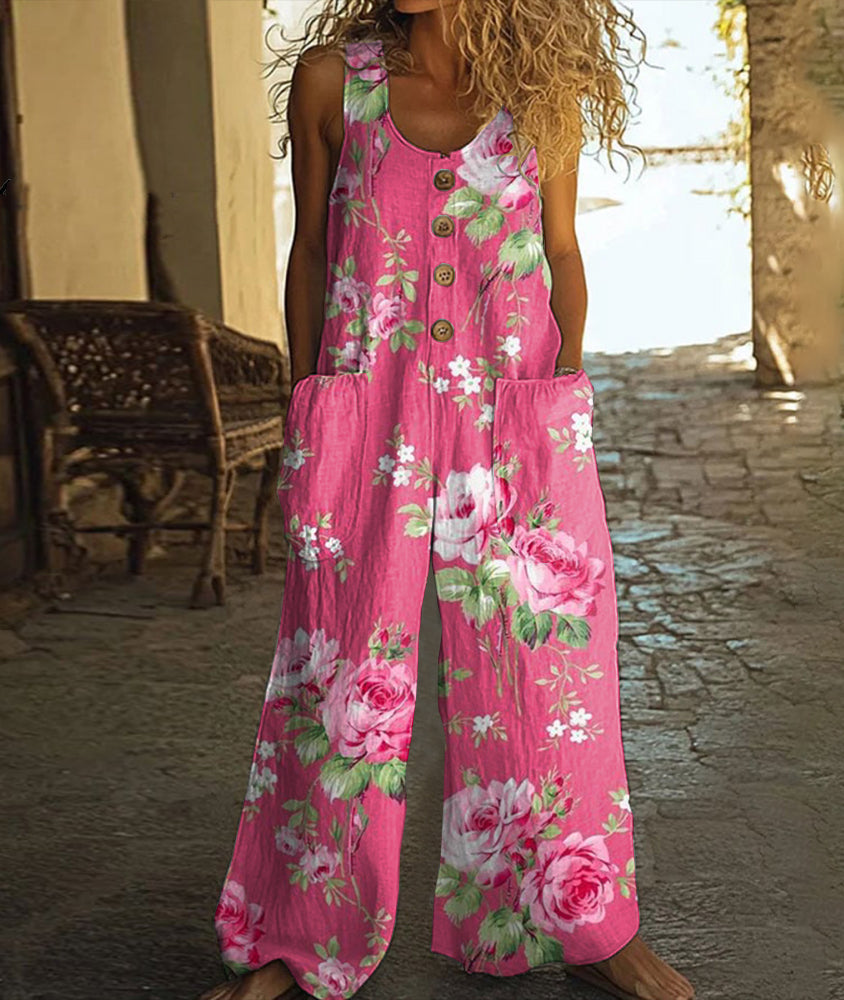 Women's Pink Rose Art Print Casual Wide Leg Jumpsuit