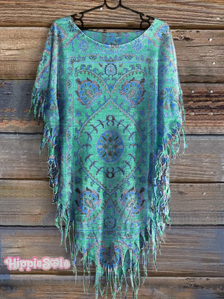 Women's Vintage Floral Totem Print Punk Hippie Batwing Tussle Fringes Poncho Dress