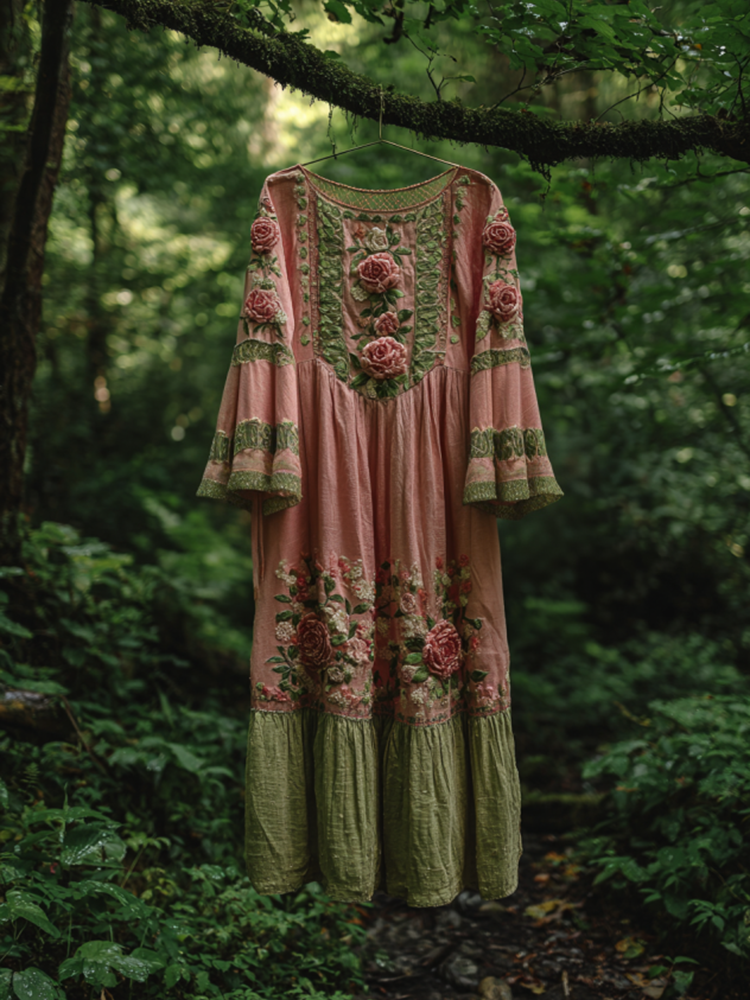 Classy Gradient Pink Roses Cancer Awareness Embroidered Round Neck Linen Maxi Dress