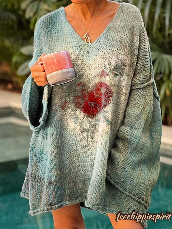 Women's Vintage Heart Pattern Artistic Print Pocket V-Neck Cotton Dress