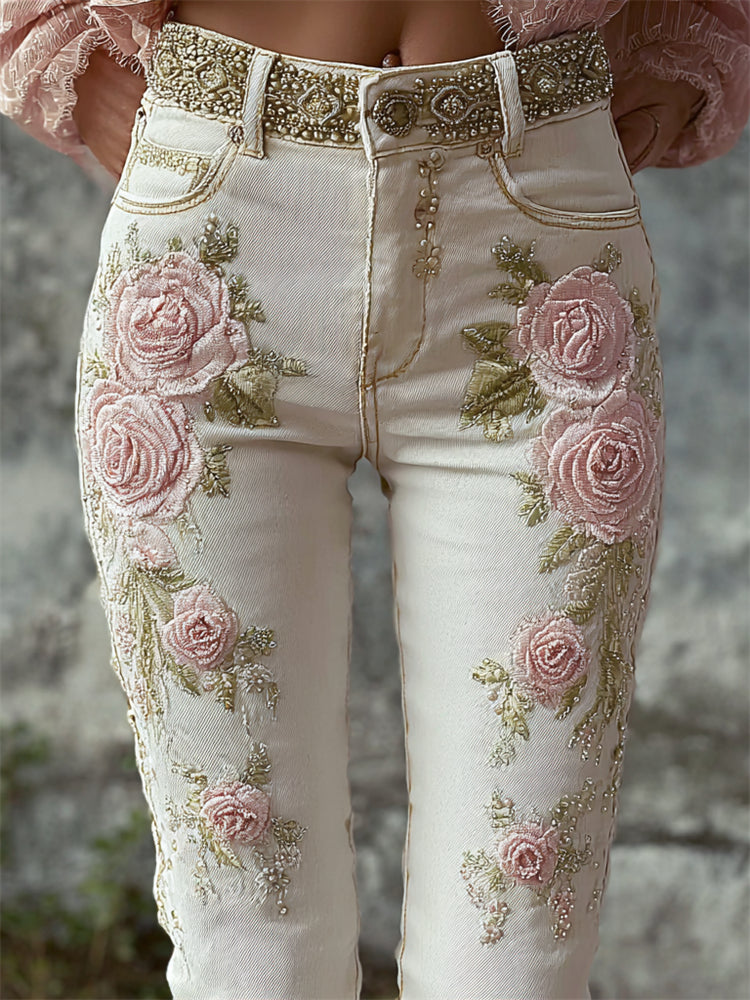 Vintage Cottage Pink Roses Glitter Embroidered Skinny Jeans