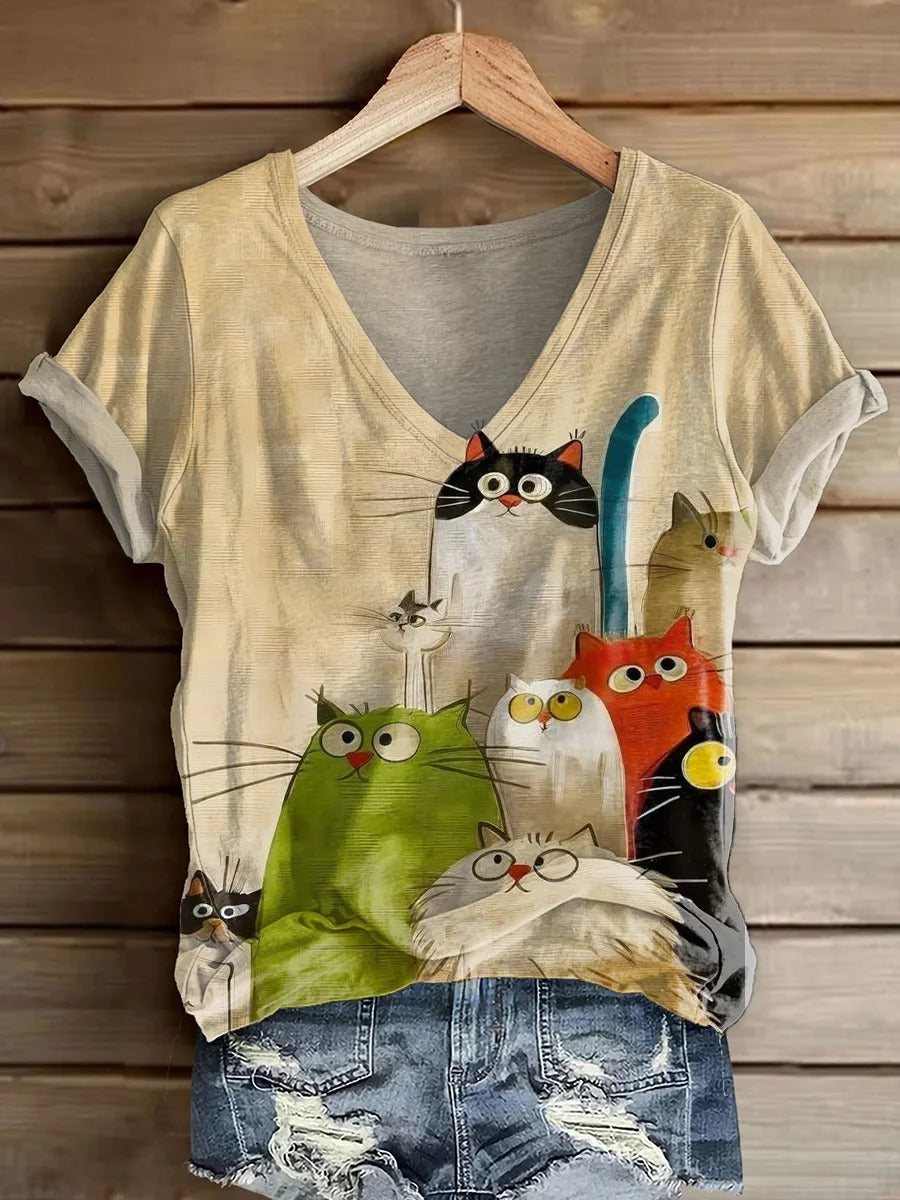 Women's Cute Cat Art Print Casual Crew Neck Sweatshirt