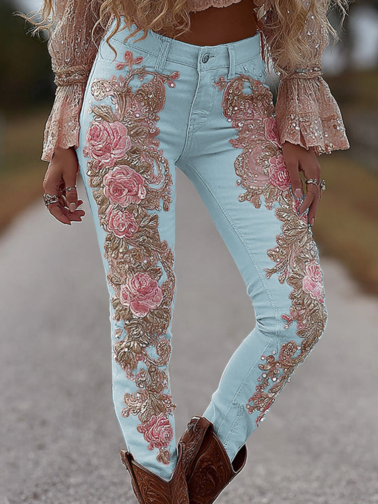 Women's Vintage Rose Floral Embroidery Art Loose Jeans