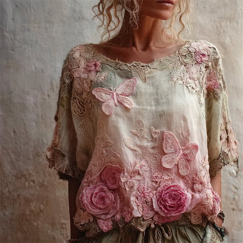 Pink Butterflies & Roses Embroidered Gradient Flowy Linen Shirt