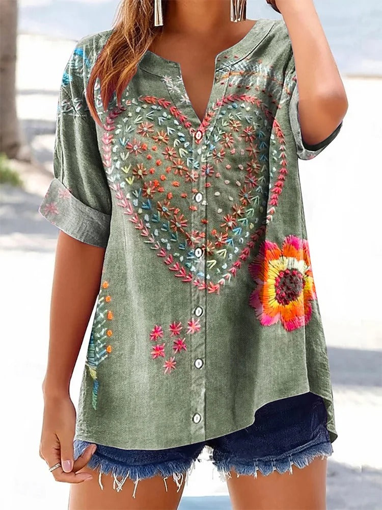 Women's Vintage Bohemian Floral Love Art Print V-neck Casual T-Shirt