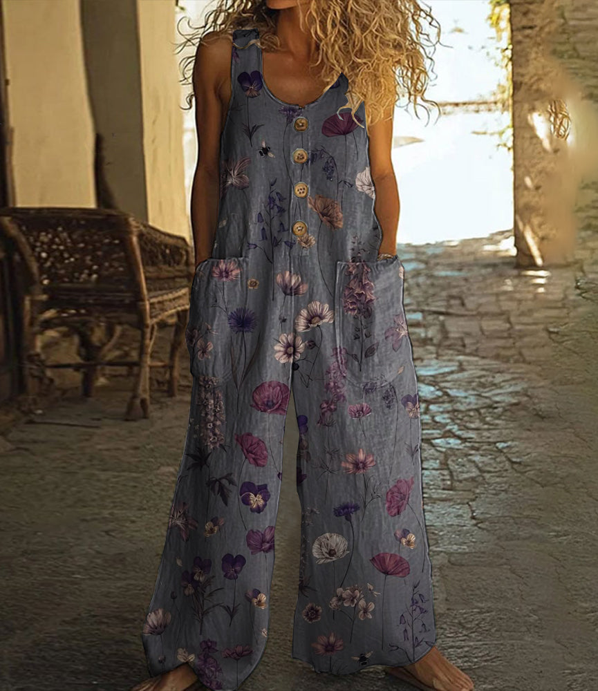Vintage Floral Art Print Casual Wide Leg Jumpsuit
