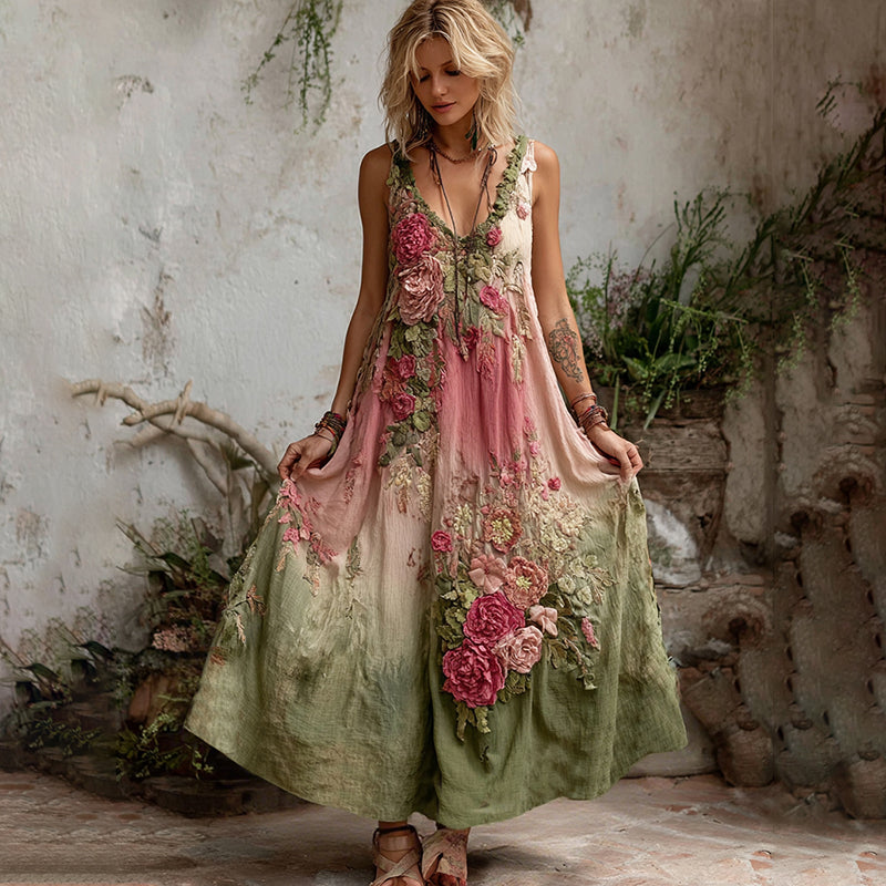 Women Vintage Floral Art V Neck Linen Maxi Dress