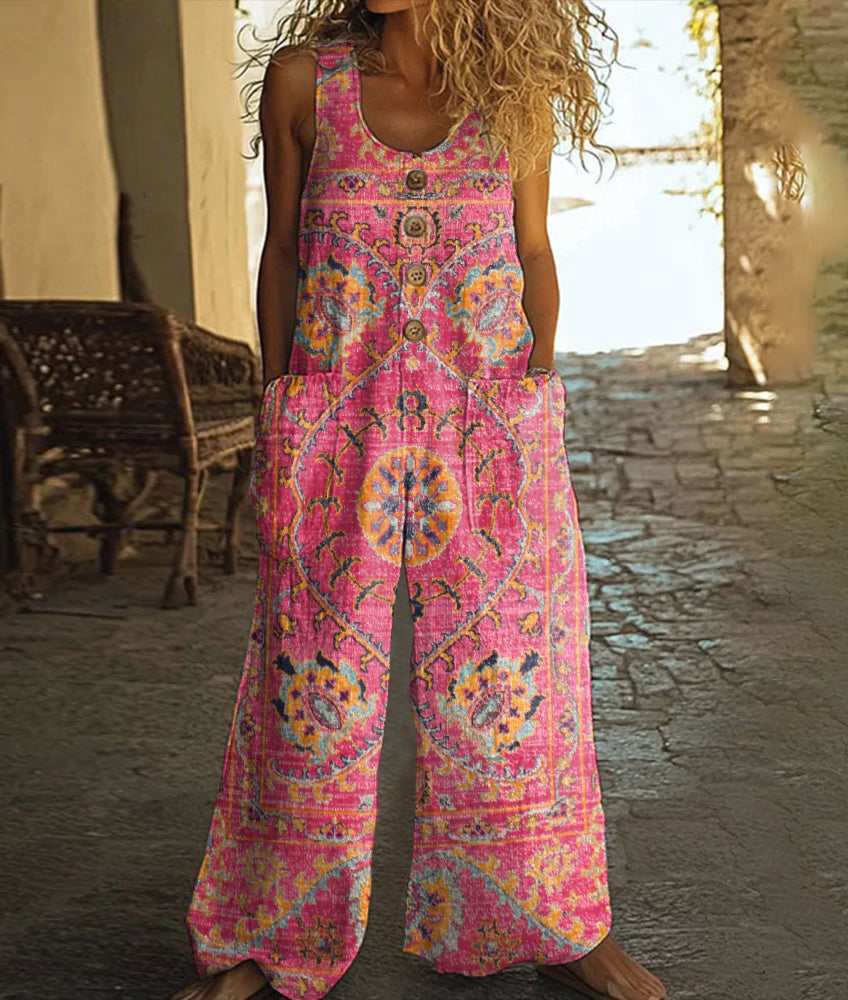 Retro Ethnic Floral Pattern Art Print Casual Wide-leg Jumpsuit