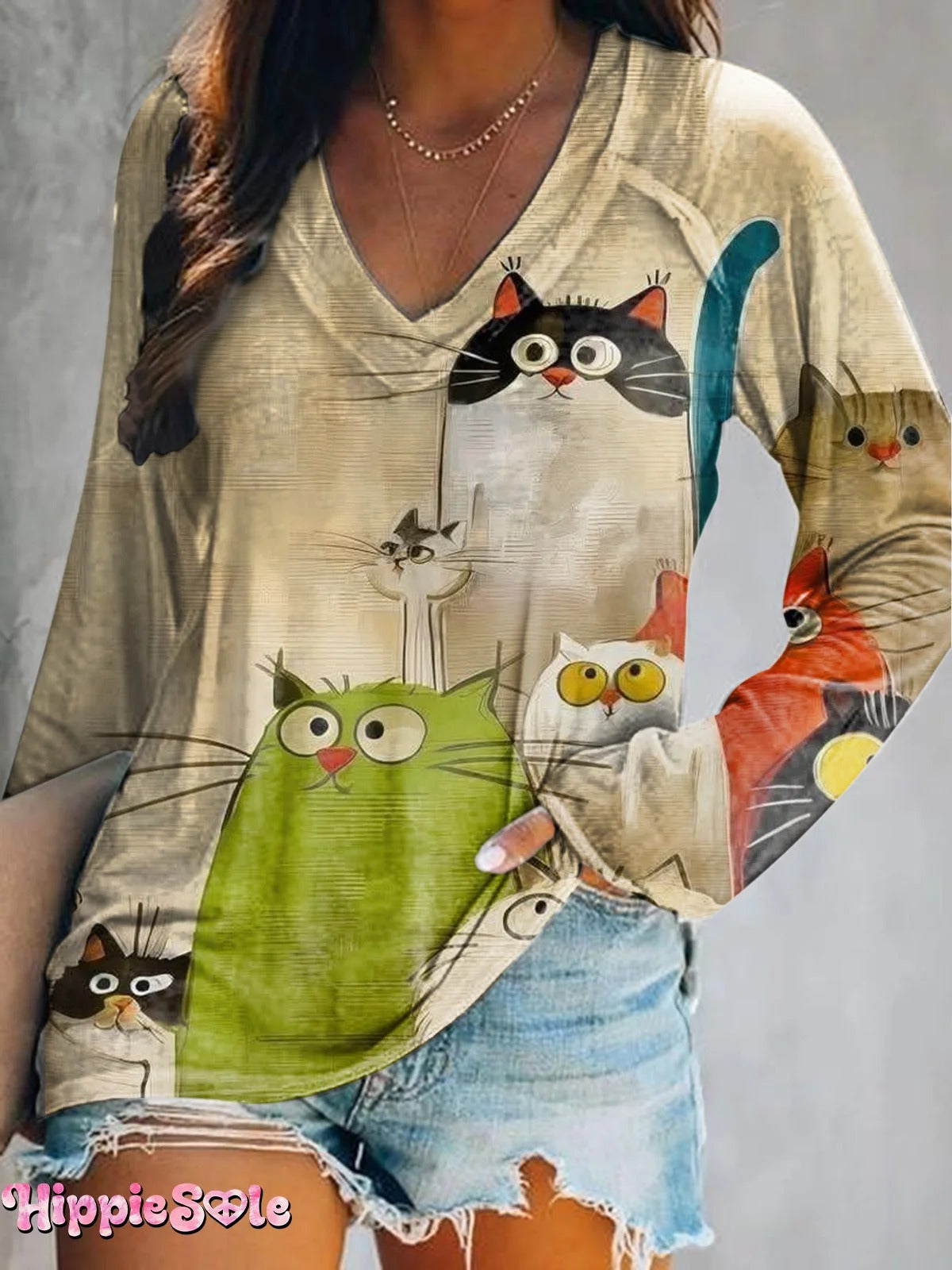 Women's Cute Cat Art Print Casual Crew Neck Sweatshirt