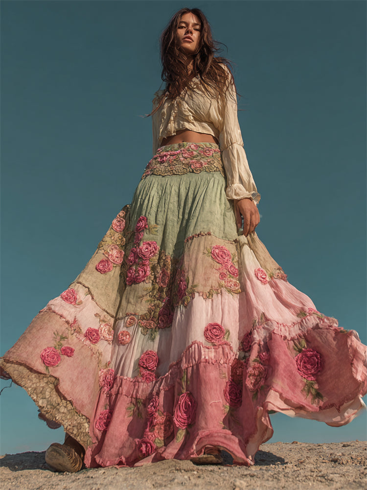 Vintage Boho Pink Rose Textile Patchwork Flowy Linen Wide Skirt