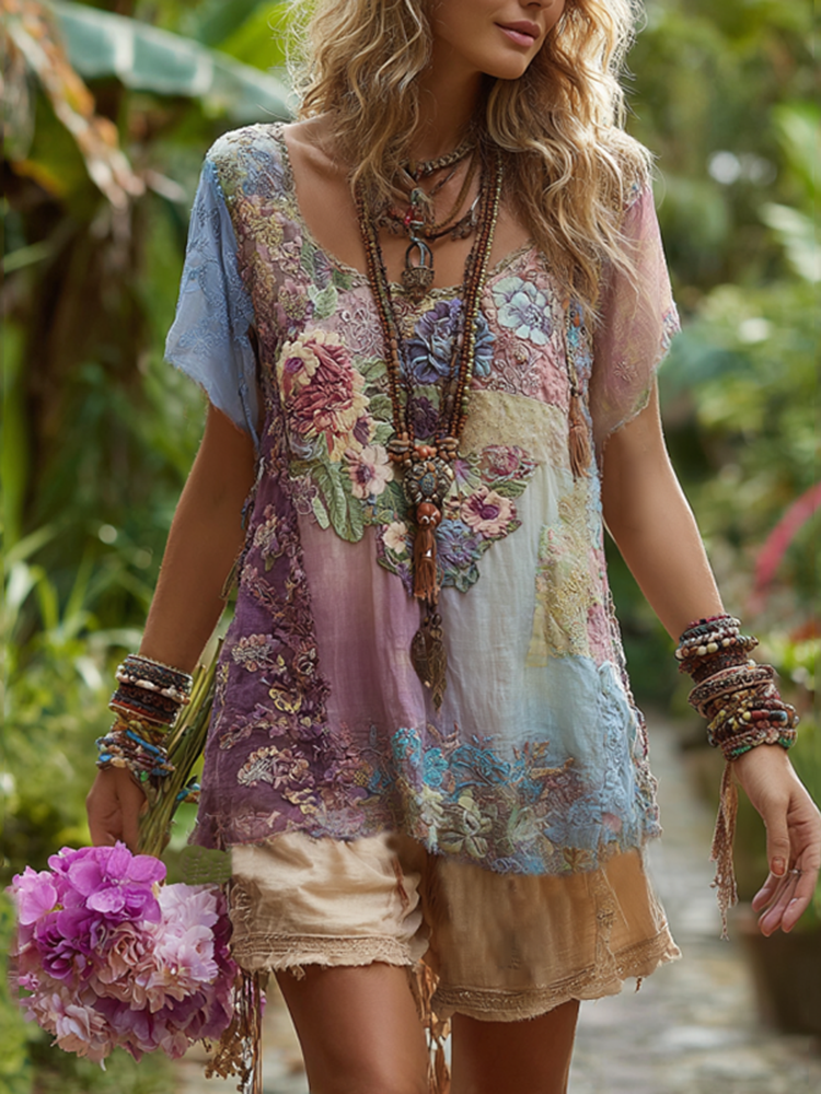 Classy Vintage Floral Splicing Cotton And Linen Short Sleeve T-shirt