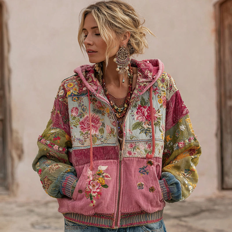 Women's Vintage Floral Embroidery Patchwork Art Zipper Hoodie