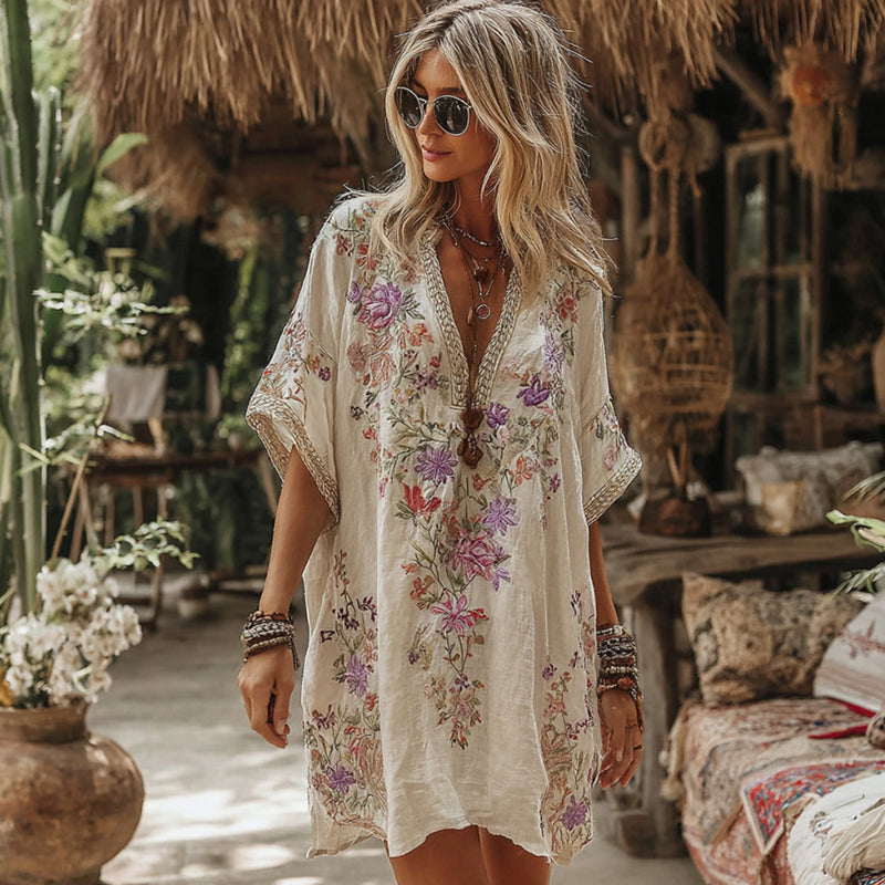 Women's Floral Embroidery Art V Neck Comfy Short Sleeve Midi Dress
