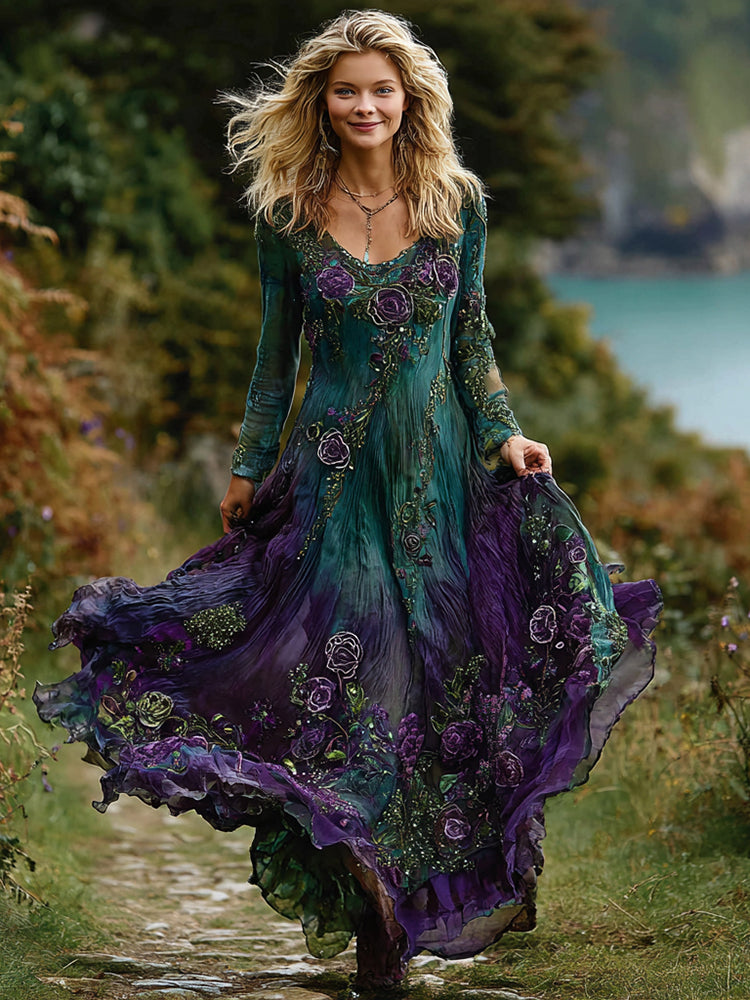 Women's Vintage Rose Floral Gradient Pattern Round Neck Long Sleeve Dress