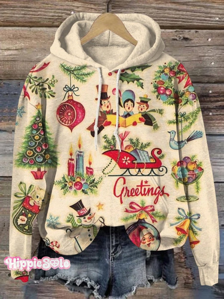 Women's Christmas Retro Old Fashion Vintage Scenes Print Casual Hoodie Sweatshirt