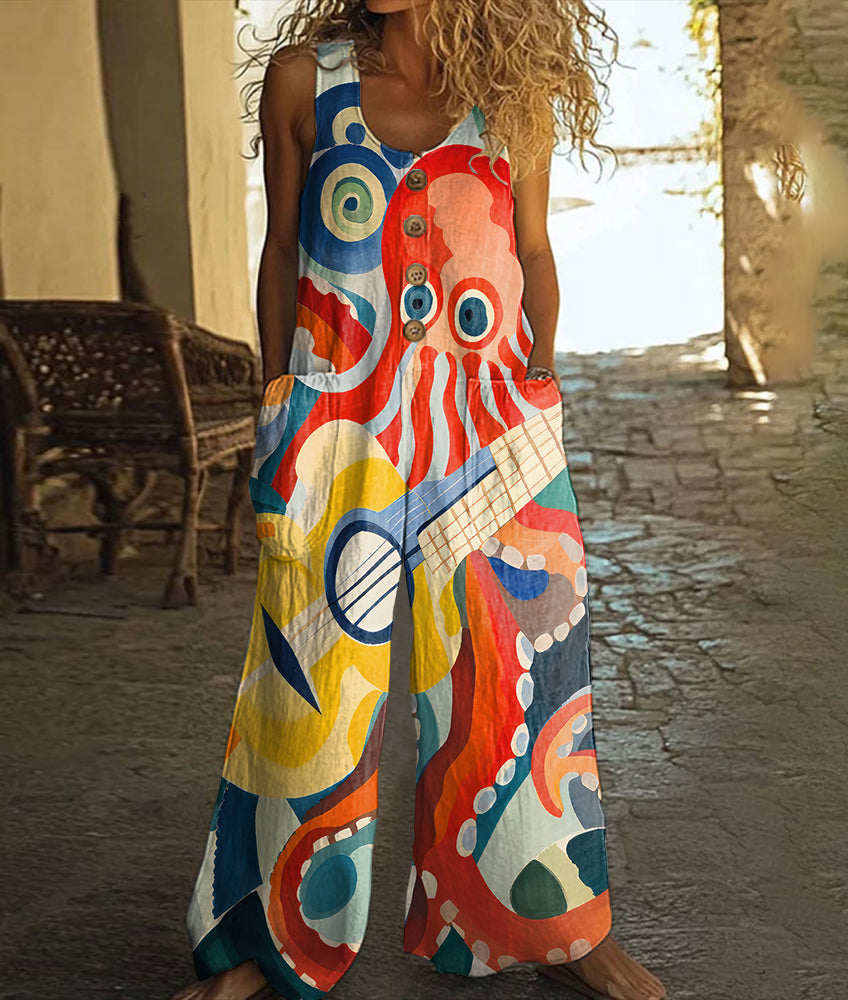 Vintage Octopus Art Print Casual Wide Leg Jumpsuit