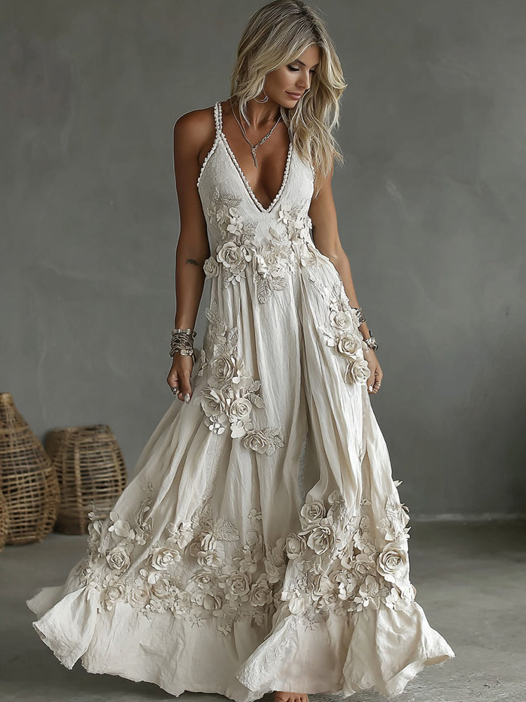Women's Vintage Rose Embroidery Art V-neck Casual Camisole Dress